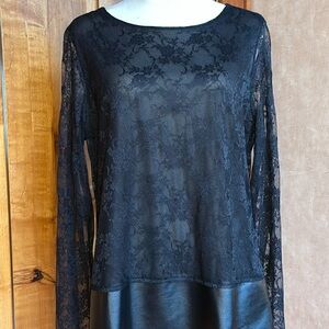 Chico's Black Lace Long-Sleeve Scoop Neck Top with Faux Leather Hem